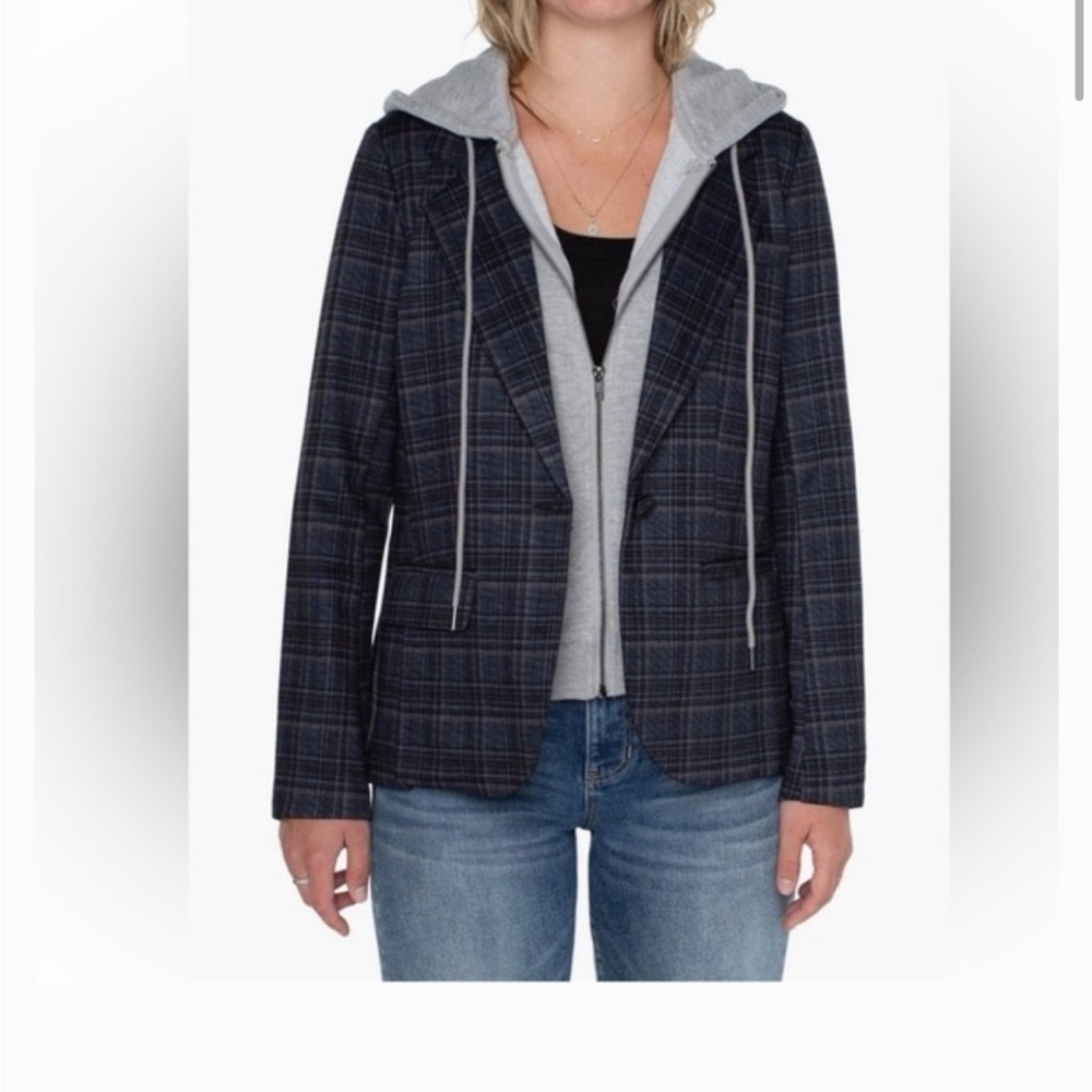 Liverpool Plaid Navy Hooded Blazer - Women